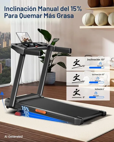 Vista 2 de Cintas de correr inclinadas 15% plegables para el hogar, 12 modos automáticos Cinta de correr con asa, cinta de correr silenciosa de 3.0 HP, tres