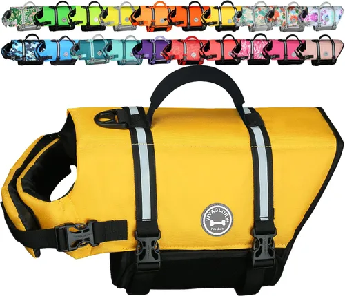Vista 21 de VIVAGLORY Chaleco salvavidas para perros Rip Stop, chaleco de natación con asa, flotabilidad para perritos cachorros, chaleco salvavidas para perros