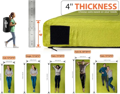 Vista 4 de Colchón de camping de espuma viscoelástica GAIALOOP extra grueso de 4 pulgadas, colchón de suelo enrollable para dormir en campamento, colchoneta