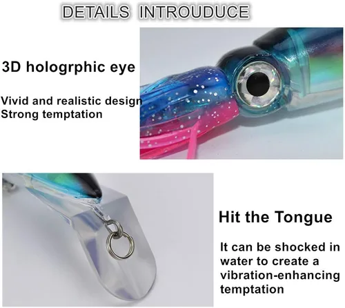 Vista 3 de 4Pcs Large Simulation Squid Fishing Lures Bait Kit,3D Holographic Eyes，Built-in Multicolored Lead Blocks Through Heavy Duty ，Stable and Tempting