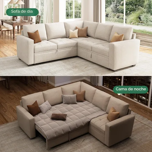 Vista 4 de HONBAY Sofá cama modular modular con cama extraíble, sofá en forma de L con asiento de almacenamiento, sofás seccionales para sala de estar, beige