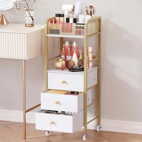 Vista 10 de HapiRm Organizador de Carrito de Maquillaje Rodante - Almacenamiento de Maquillaje y Cuidado de la Piel de Piso con 3 Cajones de Tela No Tejida