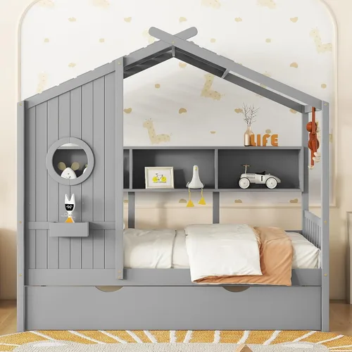 Vista 3 de Cama moderna de tamaño individual con nido, marco de cama de madera resistente con armazón de almacenamiento, techo y ventana para niños, niñas