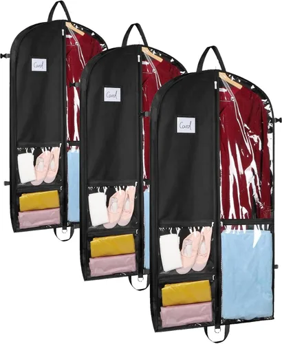 Vista 11 de Bolsas de ropa de baile negras de Zilink, bolsa de ropa de 40 pulgadas para competiciones de baile con 5 bolsillos transparentes con cremallera