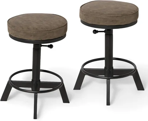 Vista 11 de Juego de 2 taburetes de bar industriales, taburete corto, asiento giratorio de madera, sillas de isla de cocina, altura ajustable, 15.2-21 pulgadas