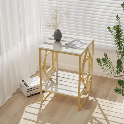 Vista 8 de Wisfor Mesa auxiliar de piedra sinterizada: mesa de centro pequeña cuadrada blanca de 2 niveles con marco dorado - Mesa auxiliar moderna de blanco +