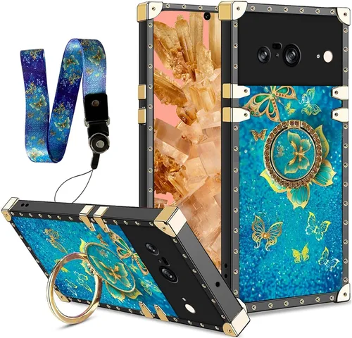 Vista 16 de nancheng Funda para Google Pixel 6 de lujo, diseño de abeja, corazón y abeja, chapado en oro, con anillo de diamante de 360°, correa de cordón