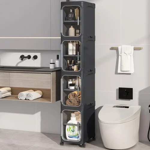 Vista 19 de KHNR Armario de almacenamiento de baño delgado de 2 niveles, gabinetes de almacenamiento plegables, almacenamiento de baño estrecho, organizador