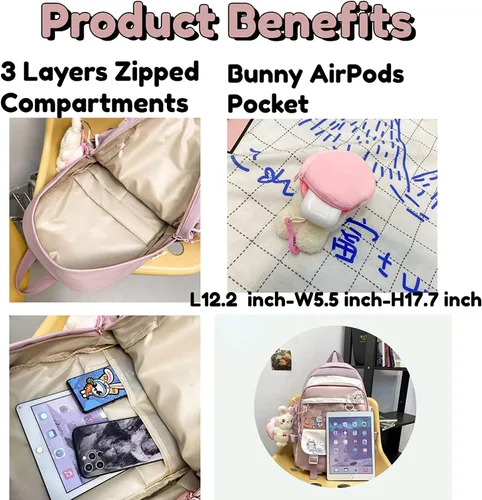 Vista 5 de MBVBN Mochila Kawaii con bonito colgante de felpa con tarjeta Kawaii mochila escolar linda mochila estética para niñas adolescentes suministros