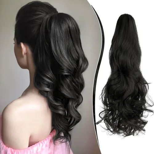 Vista 9 de Felendy Extensión de cola de caballo de 18 pulgadas, mezcla de rubio ceniza, marrón oscuro, rizado, ondulado, con clip, extensiones de cabello largo