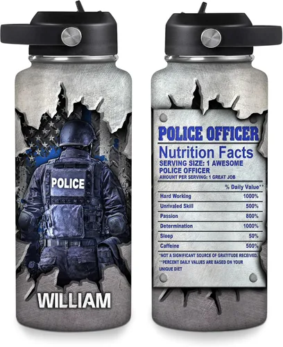 Vista 10 de Hyturtle Botella de Agua Personalizada de Policía - Botella de Acero Inoxidable Aislada con Tapa a Prueba de Fugas 18 oz, 32 oz - Regalo de Bandera