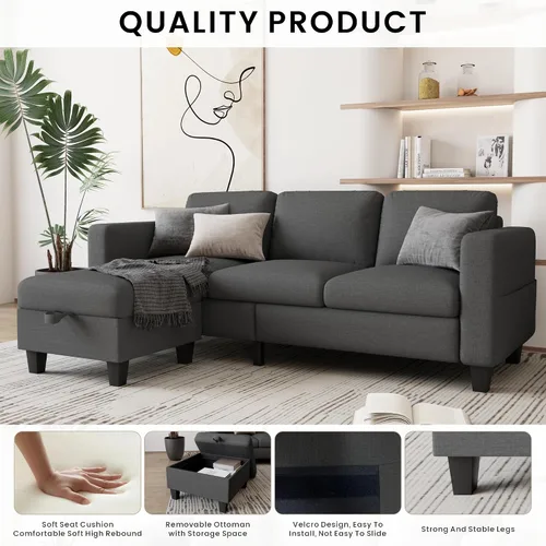 Vista 4 de Grzyhem Camillas seccionales para sala de estar, sofá convertible en forma de L, sofá moderno de lino gris de 3 plazas, sofás de 78 pulgadas
