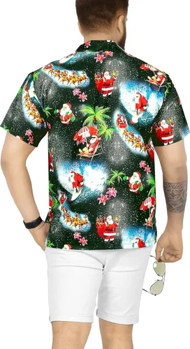 Vista 4 de HAPPY BAY Camisa de vestir de manga corta para hombre, diseño de Papá Noel, para fiesta de Navidad, camisas hawaianas para hombres