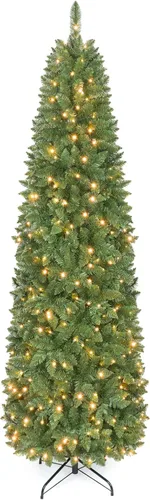 Vista 12 de GOFLAME Árbol de Navidad artificial preiluminado de 4 pies, árbol de Navidad delgado con nieve en forma de lápiz con luces LED multicolor y blanco