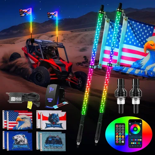 Vista 12 de MICTUNING 2PCS Luces LED Whip W1 de 3 pies con bandera y base de resorte, luces whip de persecución en espiral RGB+IC con APP, sincronización