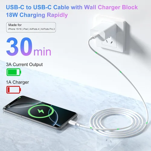 Vista 2 de APETOO Adaptador de cargador USB C de 18 W con cable de carga rápida tipo C para iPhone 17 16 15 Pro Max Plus para iPad 10th, cable USB-C de 3.3
