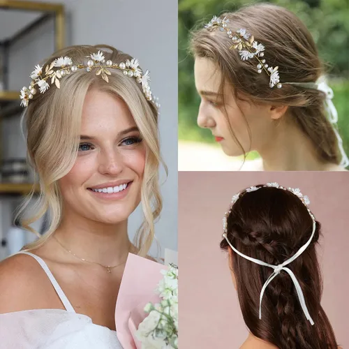 Vista 7 de 2 piezas de diadema de flores para el cabello de novia, diadema de boda, accesorios para el cabello de princesa, perlas de cristal, diadema elegante