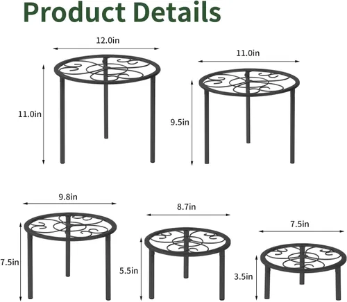Vista 6 de Juego de 5 estantes de metal para plantas en maceta, estantes resistentes para plantas de diferentes tamaños, estantes de flores de hierro