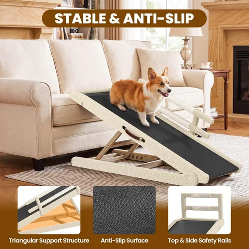 Vista 3 de Rampa para perros para cama, rampa de madera ajustable para mascotas de 46 Beige