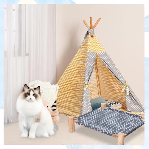 Vista 7 de Mixweer 4 piezas de hamaca para gatos, cama elevada de refrigeración de madera, silla portátil desmontable para perros pequeños, mascotas, dormir