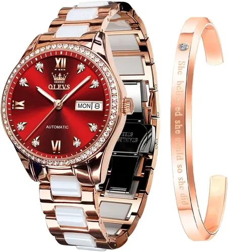 Vista 11 de OLEVS Relojes para mujer, pulsera de cerámica mecánica de cuerda automática, regalo del día del corazón Azul