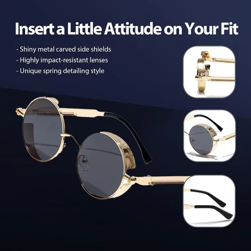 Vista 4 de Technigadgets Jacob Steampunk Sunglasses Retro Round Gothic Metal Frame UV Protection Circle Shades For Men Women