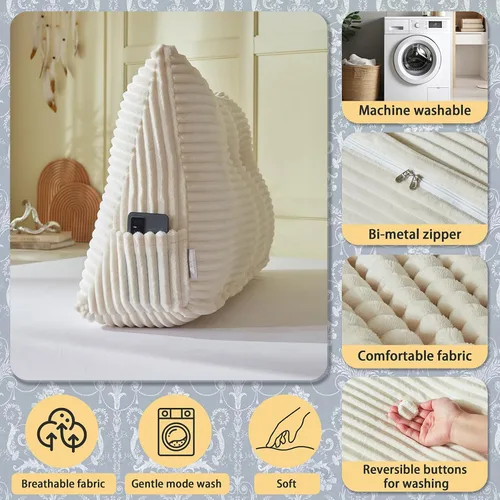Vista 4 de Almohada de Cuña para Cabecero + Una Almohada Larga de Rollo para el Cuello Almohada Corporal, Almohada Grande de Cabecero con Funda Removible Beige