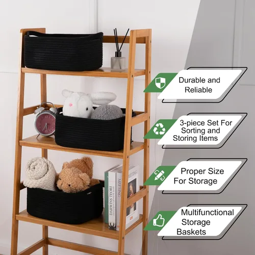 Vista 5 de OIAHOMY Cestas tejidas de cuerda de algodón para almacenamiento, cesta de almacenamiento rectangular para guardería con asas para estantes, paquete