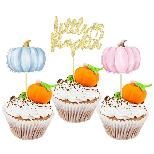 Vista 13 de Gyufise 24 piezas de decoración de cupcakes de calabaza con purpurina para temática de otoño, Acción de Gracias, Halloween, baby shower, niños