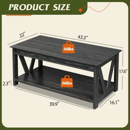 Vista 3 de WLIVE Mesa de Centro, Mesa de Centro Estilo Granja de 43" con Estante de Almacenamiento y Soporte Resistente en Forma de V, Mesa Central de Madera