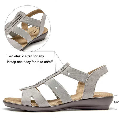 Vista 2 de VJH confort - Sandalias planas para mujer con diamantes de imitación, puntera abierta, elásticas, sin cordones, cómodas, informales, para caminar
