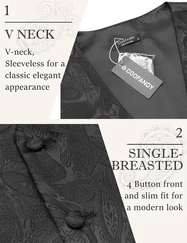 Vista 3 de COOFANDY Conjunto de chaleco de Navidad para hombre, 3 piezas, chaleco jacquard de cachemira y corbata cuadrada de bolsillo para fiesta