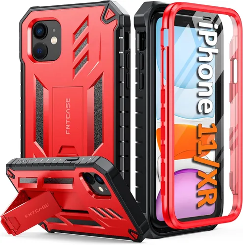Vista 9 de FNTCASE Funda para iPhone 11: funda para iPhone XR [protector de pantalla y soporte integrados] [protección contra caídas de grado militar] Negro