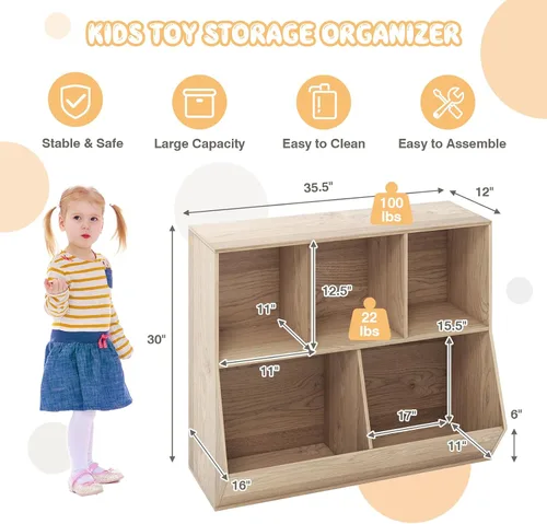 Vista 3 de Kids Bookshelf and Toy Organization,5 Cubby Open Wooden Playroom Organization and Storage, Toddler Bookshelf for Kid’s Room Bedroom Nursery