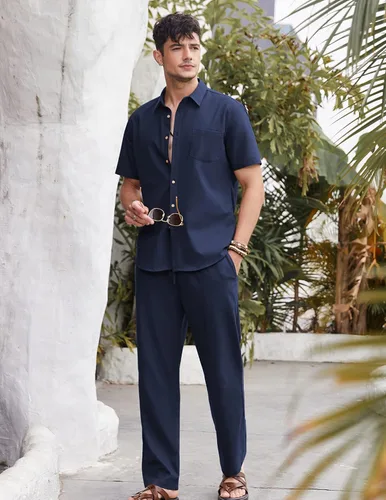 Vista 2 de COOFANDY Conjunto de 2 piezas de lino para hombre, conjunto de camisa y pantalón con botones para la playa