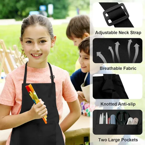 Vista 2 de 15 delantales para niños con bolsillos, delantales ajustables para pintura de chef, a granel para niñas y niños de 6 a 13 años, cocinar, hornear