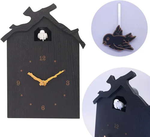 Vista 2 de BTZHY Reloj de pared, reloj de pared con timbre, reloj de cuarzo de madera negra, reloj de pared creativo de pájaro con péndulo, arte de pared