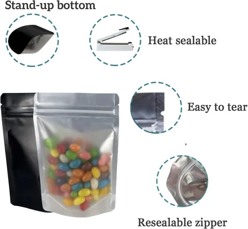 Vista 2 de Bolsas de pie resellables con cierre de cremallera, bolsa de Mylar negra transparente con cierre de cremallera, embalaje vertical reutilizable