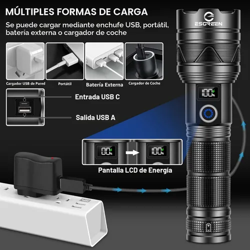 Vista 6 de Linternas recargables de 10000 lúmenes altos, largo alcance, 5000 pies, linterna LED súper brillante USB C, alta potencia, multifuncional