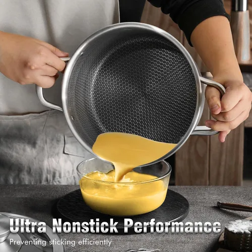 Vista 4 de AuFranc™ Olla híbrida antiadherente de acero inoxidable de 6 cuartos de galón con tapa de vidrio, olla de inducción con tallado de panal, olla
