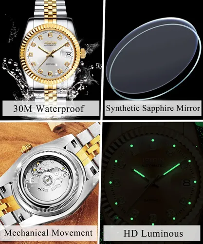 Vista 4 de OLEVS Upgrade Mens Automatic Watches Unidirectional Rotating Bezel Two ToneSilver Stainless Steel Big Face Watches with Date Waterproof Luminous