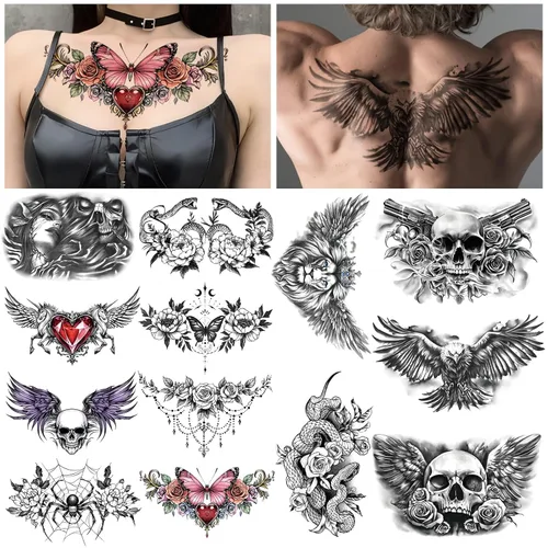 Vista 12 de 36 hojas de tatuajes temporales para hombres, mujeres y adultos, 12 hojas de gran tamaño, 3D, media manga, tatuajes falsos negros, tatuajes
