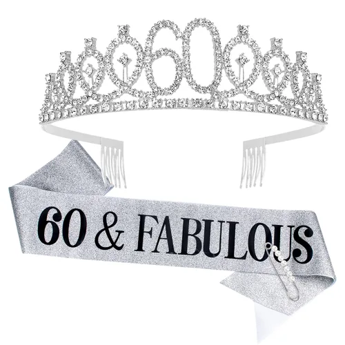Vista 8 de Banda y tiaras de 60 cumpleaños para mujer, decoraciones de cumpleaños 60 para mujer, fabulosa banda y corona para mujeres de 60 años y fabulosos