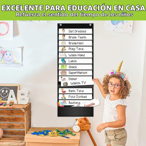 Vista 2 de EAMAY Tabla de bolsillo para horarios diarios, tabla de horarios para profesores con 18 tarjetas personalizadas reutilizables, tabla de bolsillo