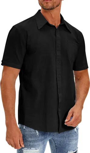 Vista 3 de Oyamiki Camisa de pesca de manga corta para hombre, ajuste regular, de lino, casual, con botones
