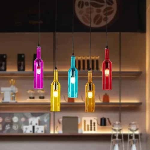 Vista 6 de Lámpara de techo industrial retro creativa con 5 luces para botella de vidrio, iluminación colgante de botella de vino de colores para cafetería