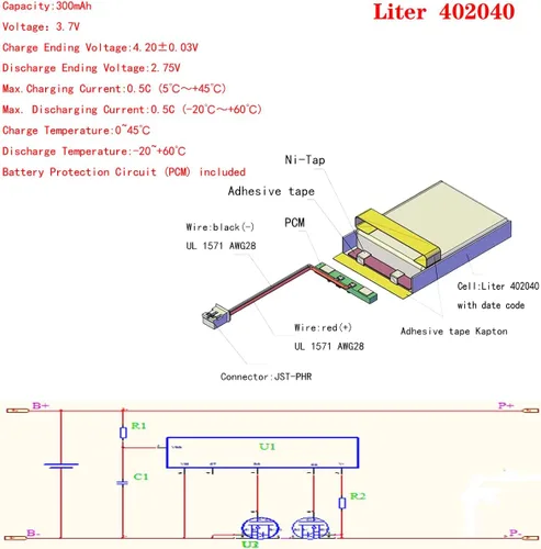 Vista 2 de Liter 3.7V 300mAh 402040 Lipo Batería recargable de iones de polímero de litio con conector JST 0.079 in