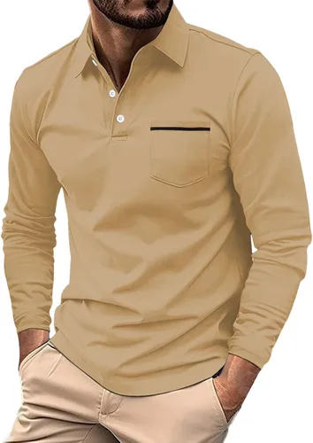 Vista 32 de Polo de manga larga para hombre, diseño casual de algodón con bolsillo, cuello clásico con botón para golf