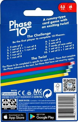 Vista 6 de Mattel Games Juego de cartas Phase 10 con baraja accesible para daltónicos en lata de almacenamiento y viaje para niños, adultos y familias