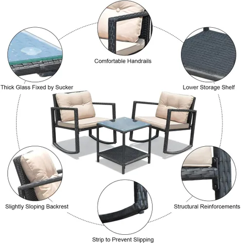 Vista 5 de Tangkula Juego de 3 mecedoras de mimbre para patio, mecedoras al aire libre y mesa con cojines, mesa de centro de cristal con estante